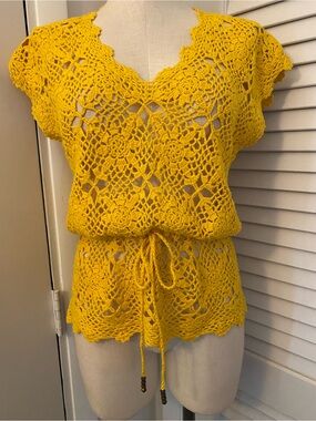 “ i.e. relaxed” Golden Yellow Crochet Tie-Waist Top- Size Large